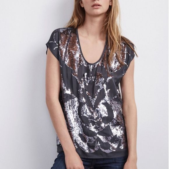 Velvet By Graham & Spencer Grey Sequin Top Xs